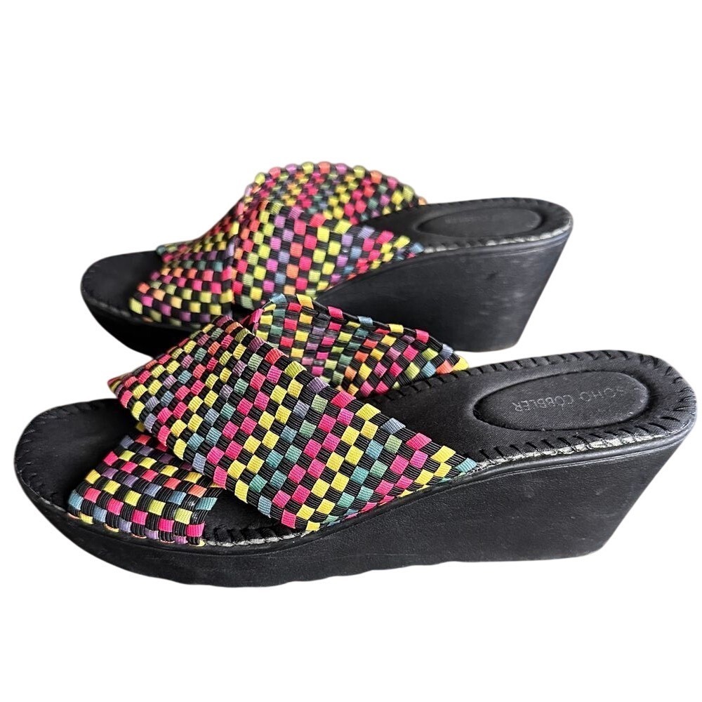Soho Cobbler Womens 11 Multicolor Woven Elastic Wedge Slide Sandals Rainbow 90s
